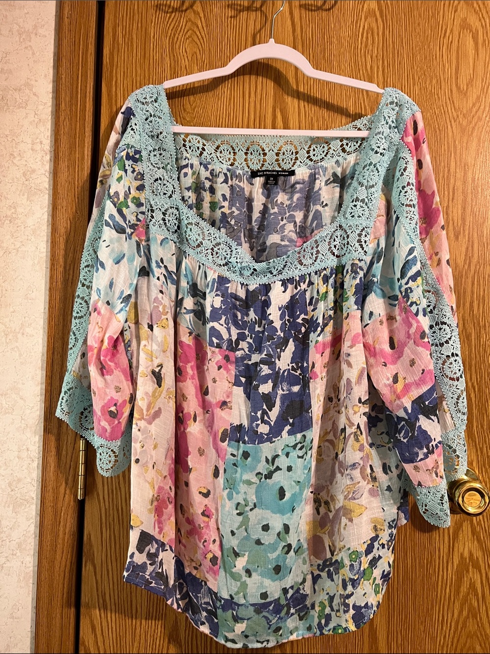Zac & Rachel Patchwork Floral Boho Tunic with Mint Crochet Trim Sz 3x